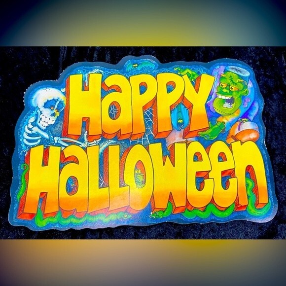 Vtg 80s Happy Halloween Decor Skeleton Bat Frankenstein Spider Web Snake Creepy - Picture 1 of 4